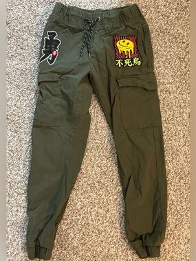 Boys Ring Of Fire Jogger Pants ~ Green w/ Patches ~ Size 10
